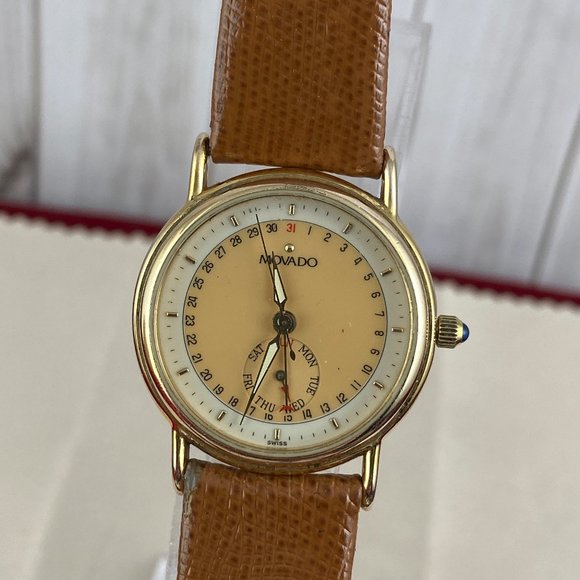Vintage Movado Gold Dot Watch 1970\'s 5 Hands 8 inch New Tan Leather Strap main image 4